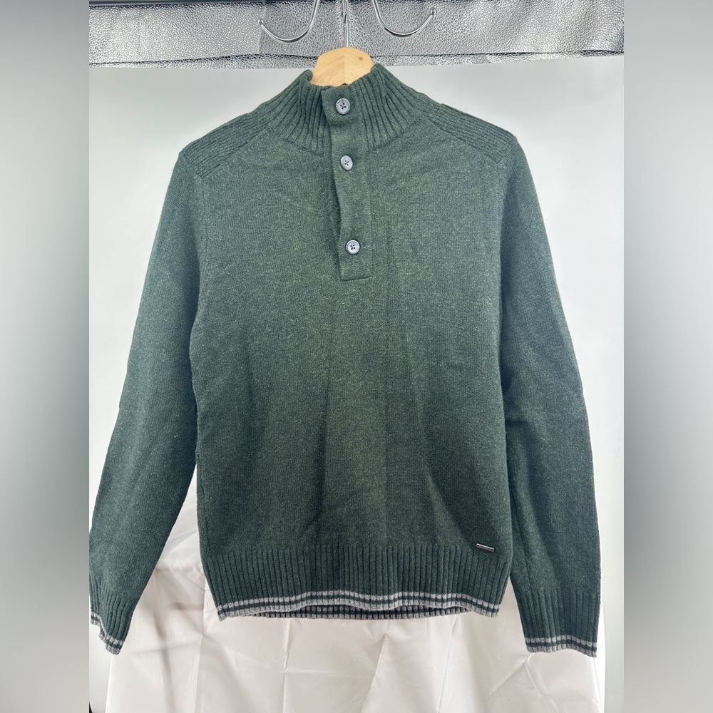 Zegna green wool button closure quarter zip sweater